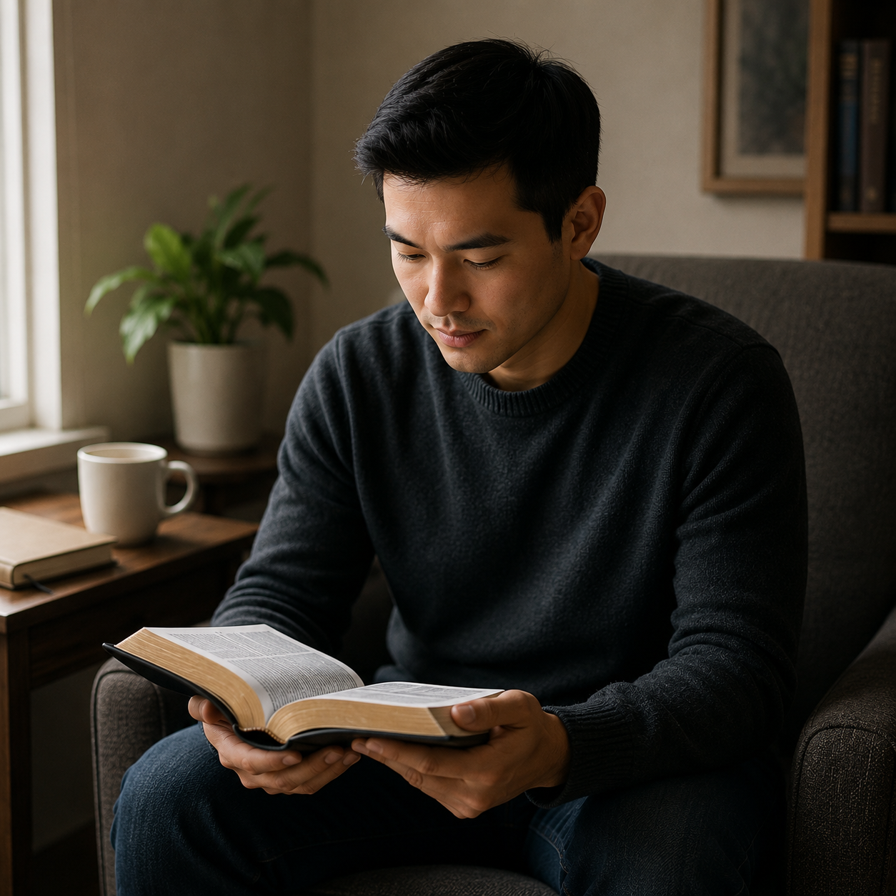 Person reading the Bible in a contemplative setting