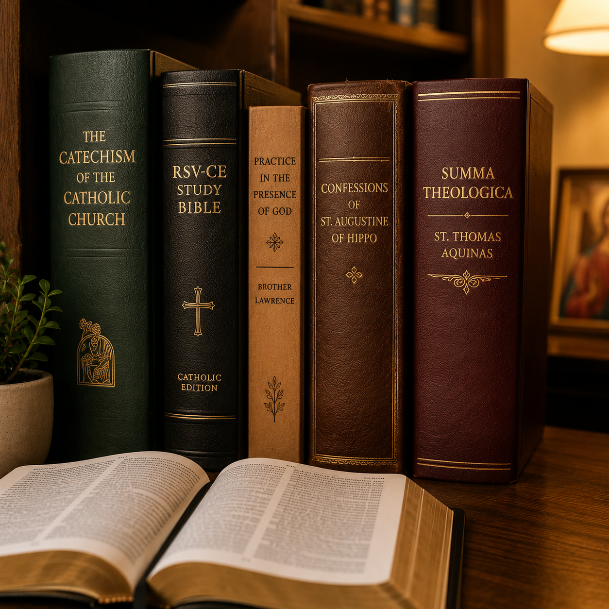 Bookshelf with theological reference texts