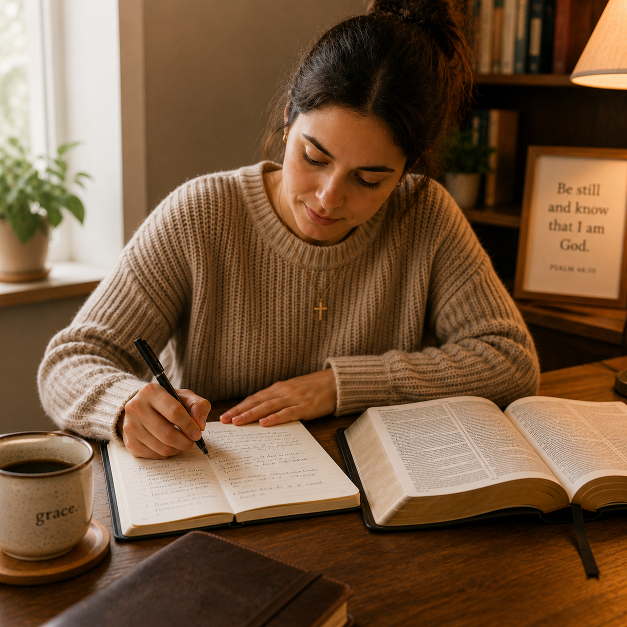 Person journaling beside an open Bible